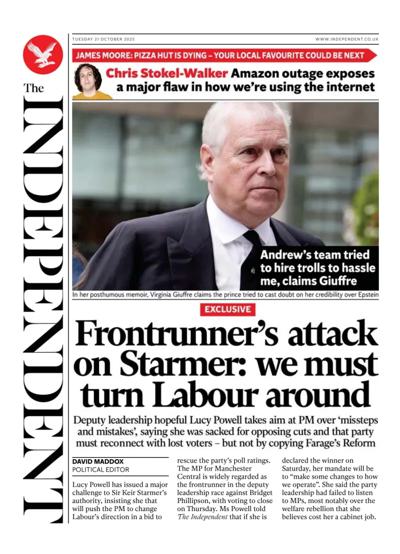 The Independent Newspaper Front Page (UK) for 21 October 2025