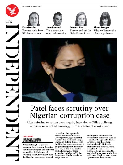 The Independent Newspaper Front Page (UK) for 21 November 2020