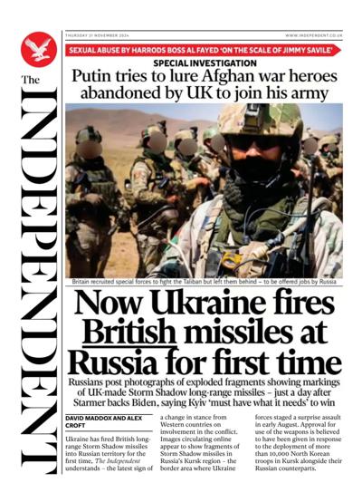 The Independent Newspaper Front Page (UK) for 21 November 2024