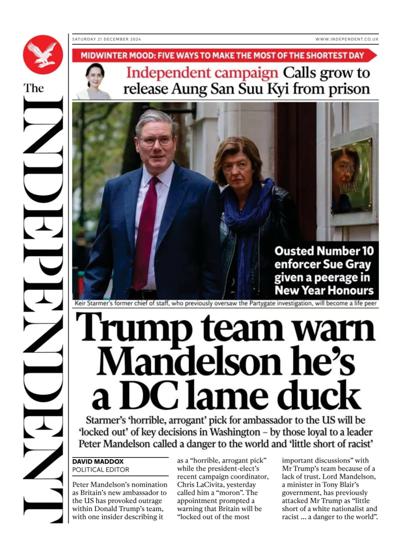 The Independent Newspaper Front Page (UK) for 21 December 2024