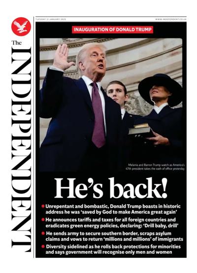 The Independent Newspaper Front Page (UK) for 21 January 2025