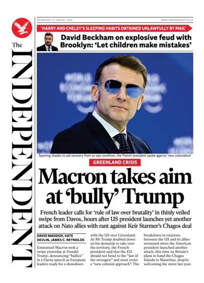 The Independent Newspaper Front Page (UK) for 21 January 2026