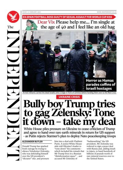 The Independent Newspaper Front Page (UK) for 21 February 2025