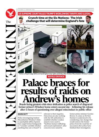 The Independent Newspaper Front Page (UK) for 21 February 2026