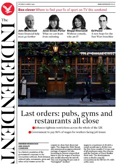 The Independent Newspaper Front Page (UK) for 21 March 2020