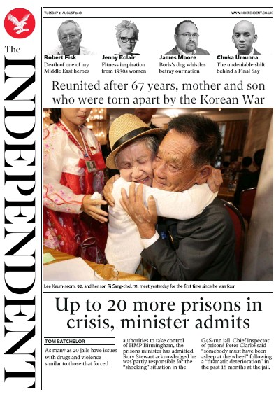 The Independent Newspaper Front Page (UK) for 21 August 2018