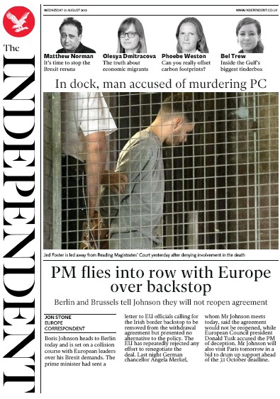 The Independent Newspaper Front Page (UK) for 21 August 2019