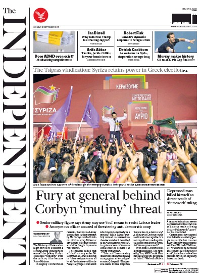 The Independent Newspaper Front Page (UK) for 21 September 2015