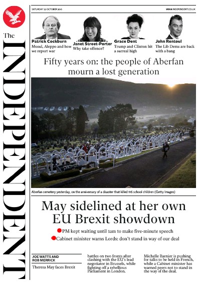 The Independent Newspaper Front Page (UK) for 22 October 2016