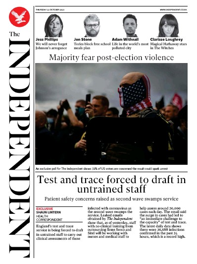 The Independent Newspaper Front Page (UK) for 22 October 2020