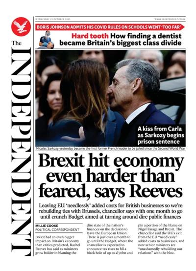 The Independent Newspaper Front Page (UK) for 22 October 2025