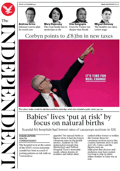 The Independent Newspaper Front Page (UK) for 22 November 2019