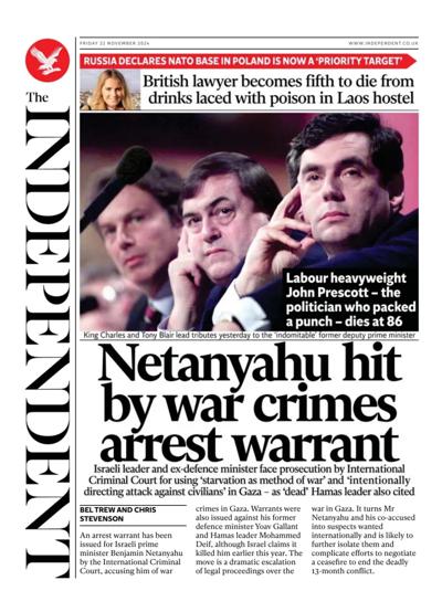 The Independent Newspaper Front Page (UK) for 22 November 2024