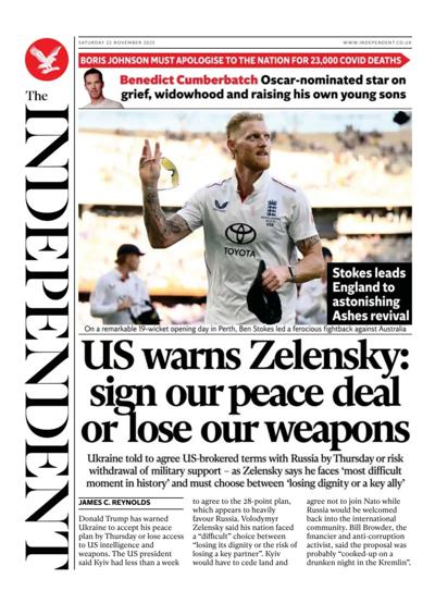 The Independent Newspaper Front Page (UK) for 22 November 2025