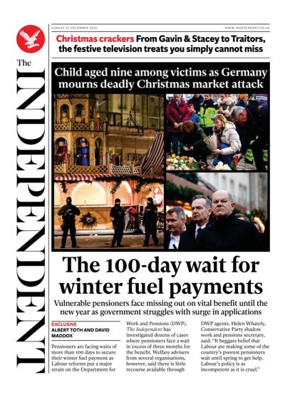 The Independent Newspaper Front Page (UK) for 22 December 2024