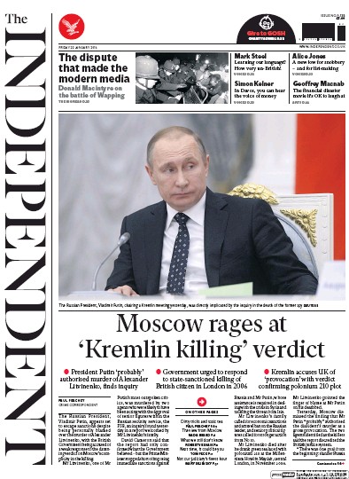 The Independent Newspaper Front Page (UK) for 22 January 2016