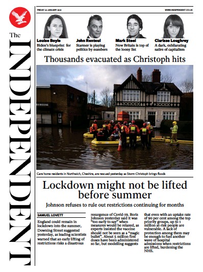 The Independent Newspaper Front Page (UK) for 22 January 2021