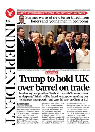 The Independent Newspaper Front Page (UK) for 22 January 2025