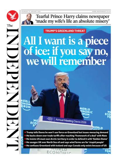 The Independent Newspaper Front Page (UK) for 22 January 2026