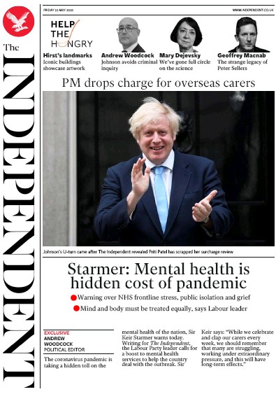 The Independent Newspaper Front Page (UK) for 22 May 2020