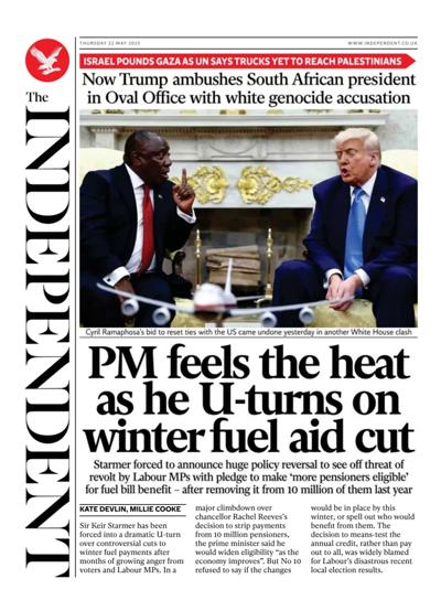 The Independent Newspaper Front Page (UK) for 22 May 2025
