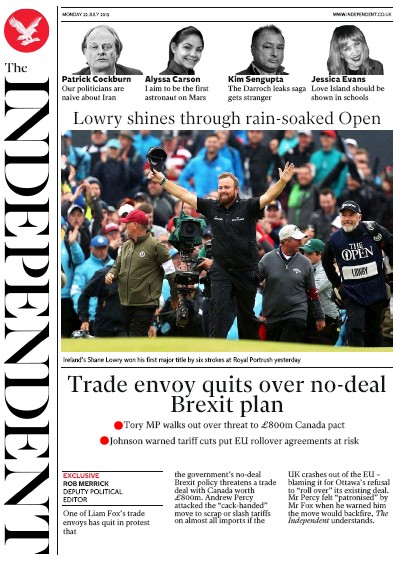 The Independent Newspaper Front Page (UK) for 22 July 2019