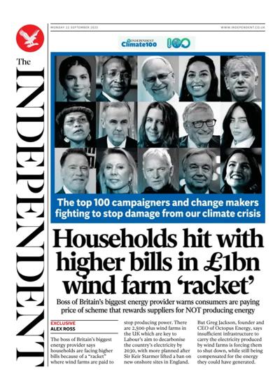 The Independent Newspaper Front Page (UK) for 22 September 2025