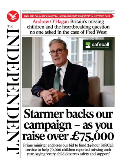 The Independent Newspaper Front Page (UK) for 23 November 2025