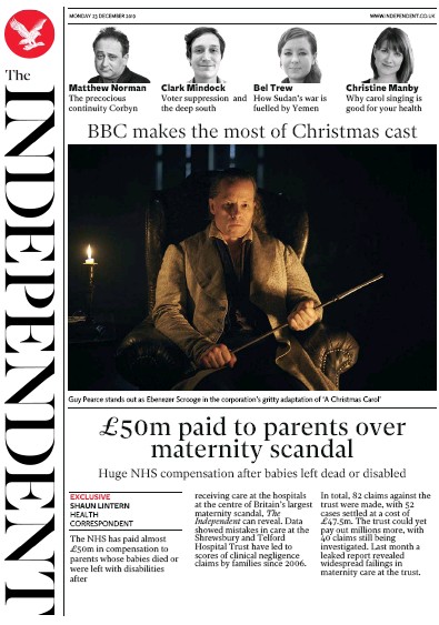 The Independent Newspaper Front Page (UK) for 23 December 2019