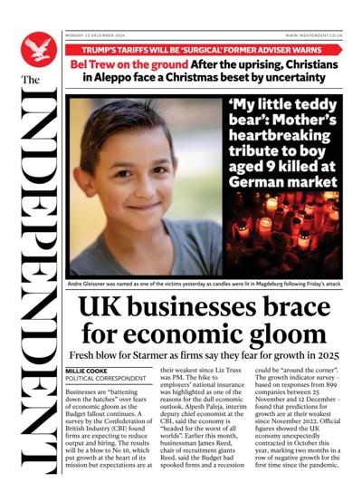 The Independent Newspaper Front Page (UK) for 23 December 2024