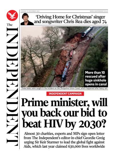 The Independent Newspaper Front Page (UK) for 23 December 2025