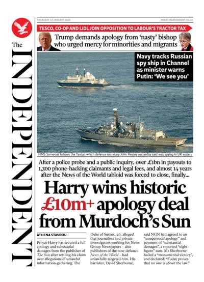 The Independent Newspaper Front Page (UK) for 23 January 2025