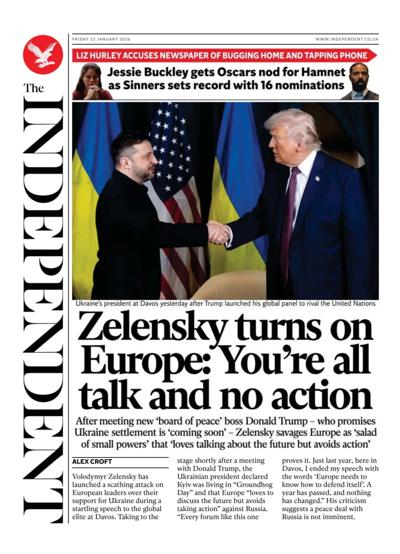 The Independent Newspaper Front Page (UK) for 23 January 2026