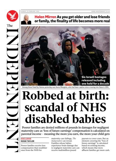 The Independent Newspaper Front Page (UK) for 23 February 2025