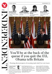 The Independent (UK) Newspaper Front Page for 23 April 2016