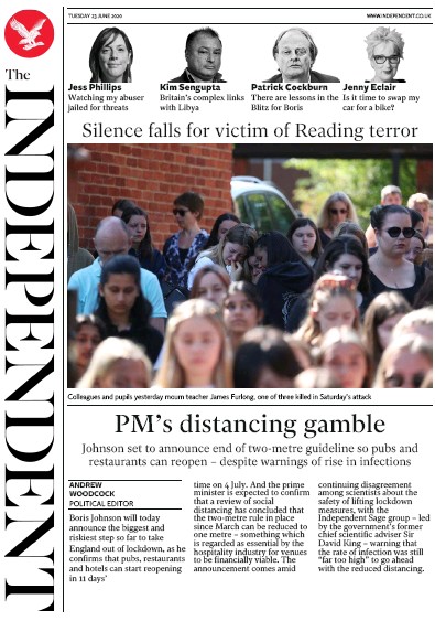 The Independent Newspaper Front Page (UK) for 23 June 2020