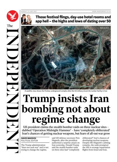 The Independent Newspaper Front Page (UK) for 23 June 2025