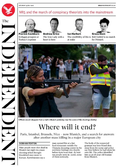 The Independent Newspaper Front Page (UK) for 23 July 2016