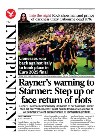 The Independent Newspaper Front Page (UK) for 23 July 2025