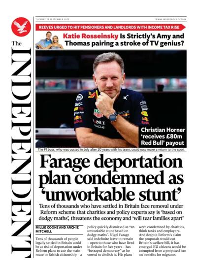 The Independent Newspaper Front Page (UK) for 23 September 2025