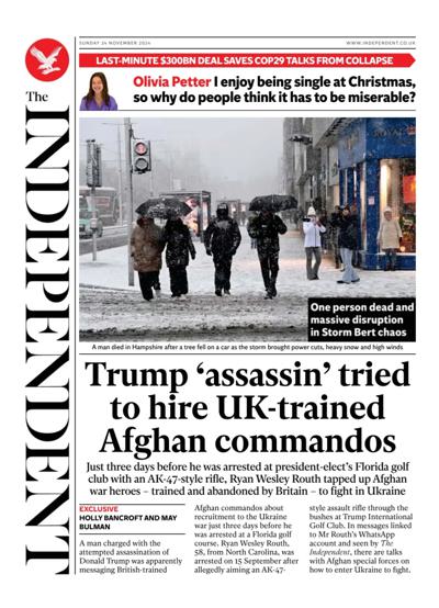 The Independent Newspaper Front Page (UK) for 24 November 2024