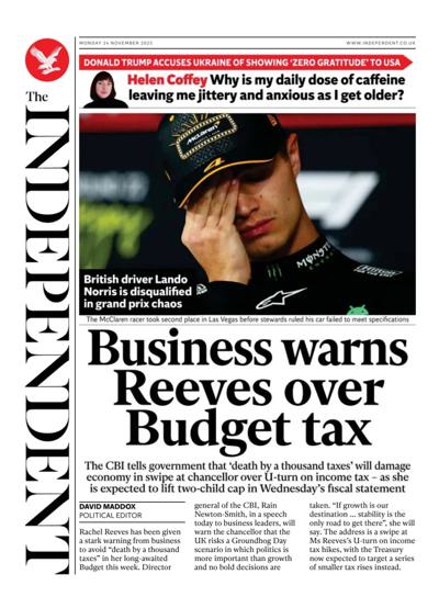 The Independent Newspaper Front Page (UK) for 24 November 2025