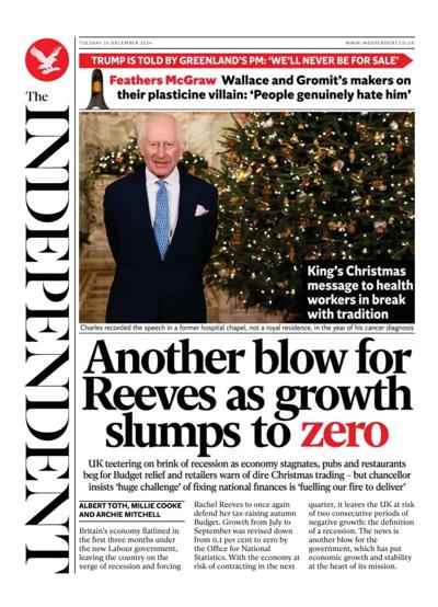 The Independent Newspaper Front Page (UK) for 24 December 2024