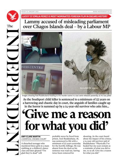 The Independent Newspaper Front Page (UK) for 24 January 2025