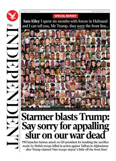 The Independent Newspaper Front Page (UK) for 24 January 2026