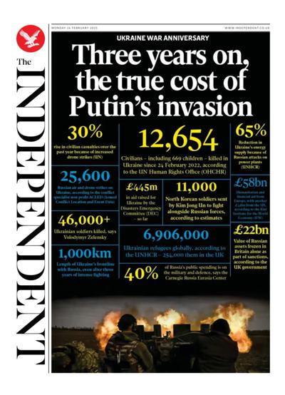 The Independent Newspaper Front Page (UK) for 24 February 2025