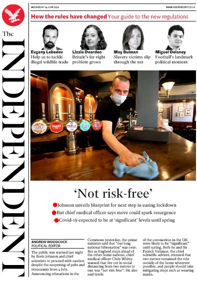 The Independent Newspaper Front Page (UK) for 24 June 2020