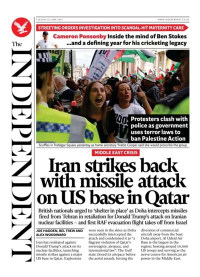 The Independent Newspaper Front Page (UK) for 24 June 2025