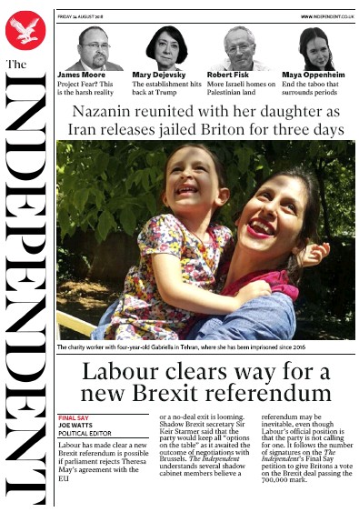 The Independent Newspaper Front Page (UK) for 24 August 2018