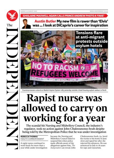 The Independent Newspaper Front Page (UK) for 24 August 2025